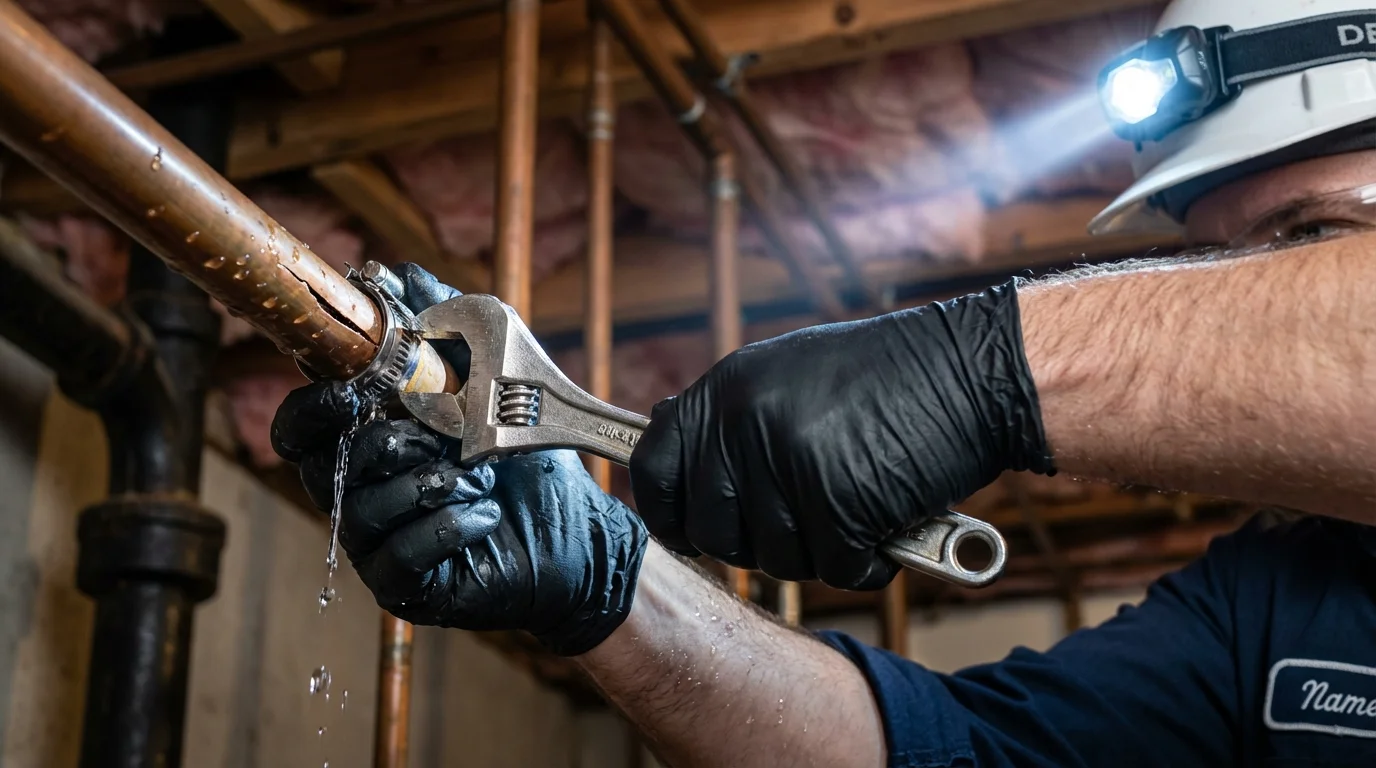 Emergency pipe clamp repair being performed by a Johns Plumbing LLC plumber in Satanta