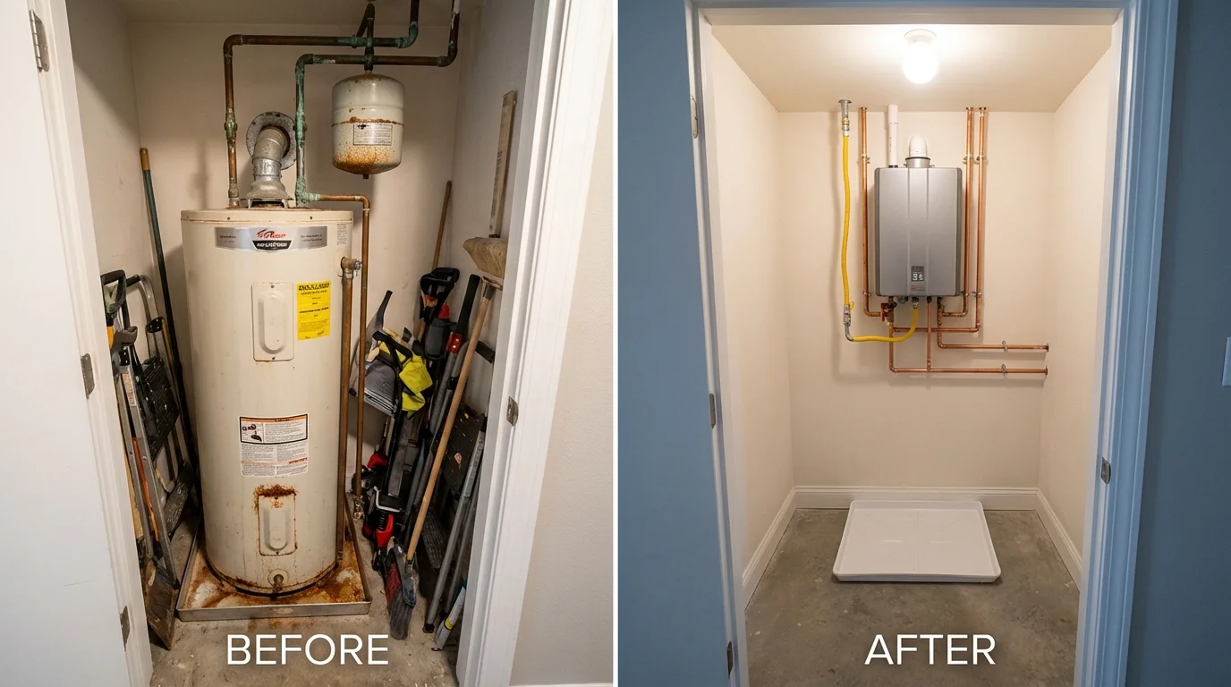 Tank water heater versus wall-mounted tankless unit comparison for Satanta, KS homeowners