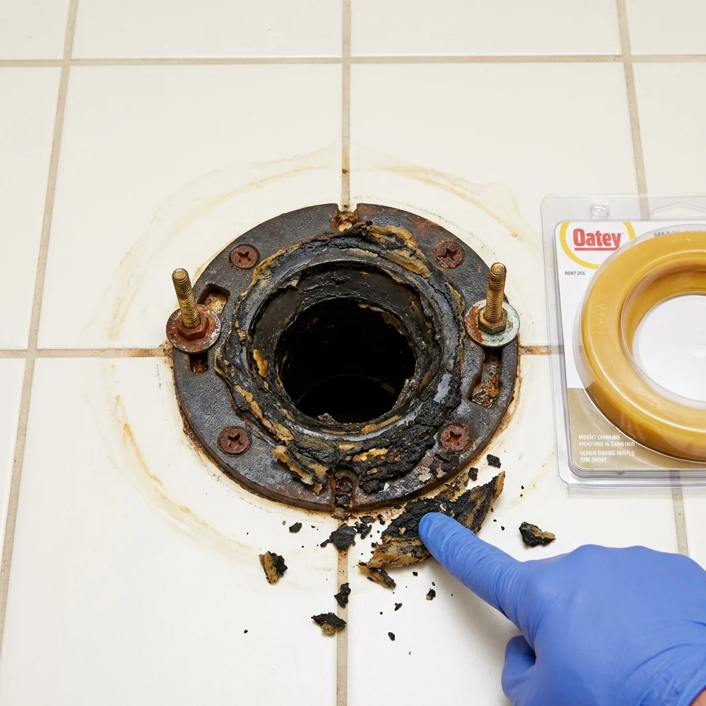Failed wax ring showing water seepage at the base of a toilet in a Satanta, KS home