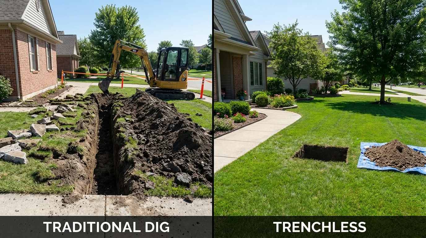 Trenchless sewer repair with minimal yard damage versus traditional excavation in Satanta, KS